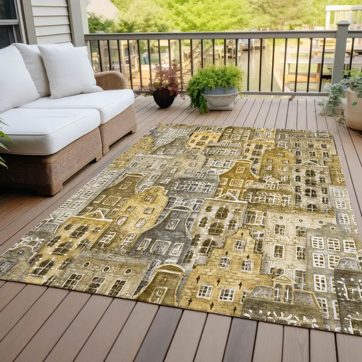 9' X 12' Brown Taupe And Gold Village Houses Washable Indoor Outdoor Area Rug
