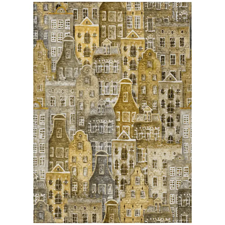 9' X 12' Brown Taupe And Gold Village Houses Washable Indoor Outdoor Area Rug