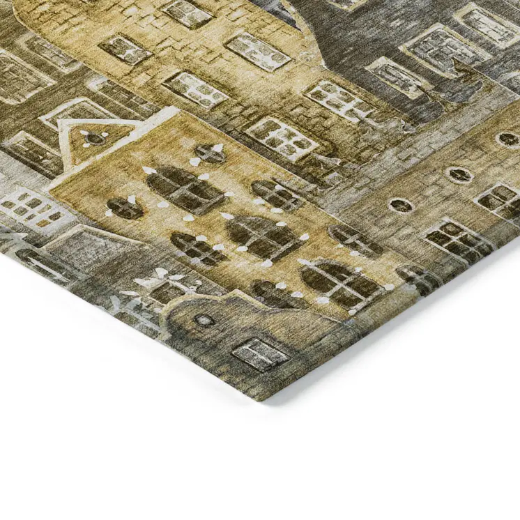 9' X 12' Brown Taupe And Gold Village Houses Washable Indoor Outdoor Area Rug