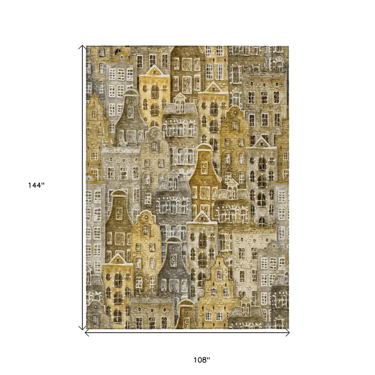 9' X 12' Brown Taupe And Gold Village Houses Washable Indoor Outdoor Area Rug