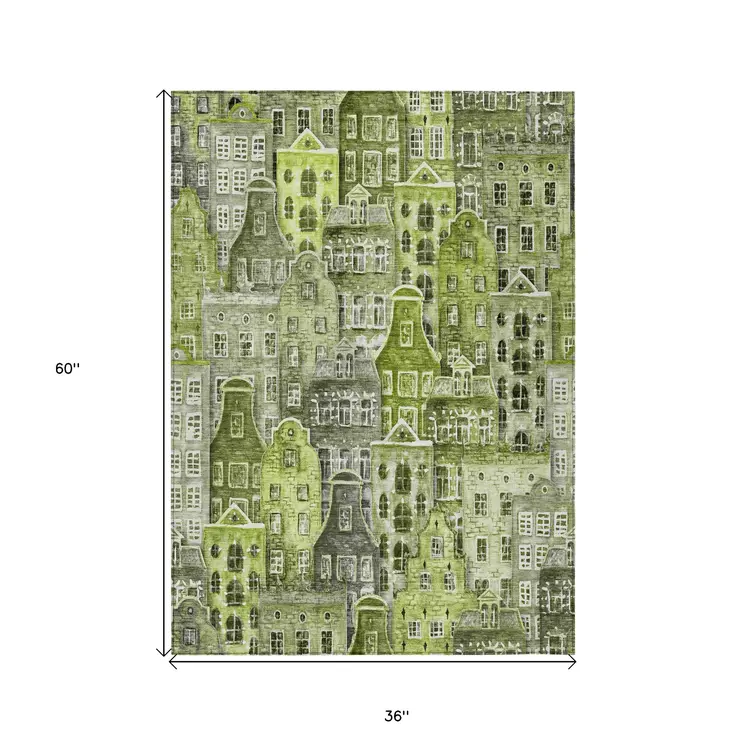 3' X 5' Green And Lime Green Village Houses Washable Indoor Outdoor Area Rug