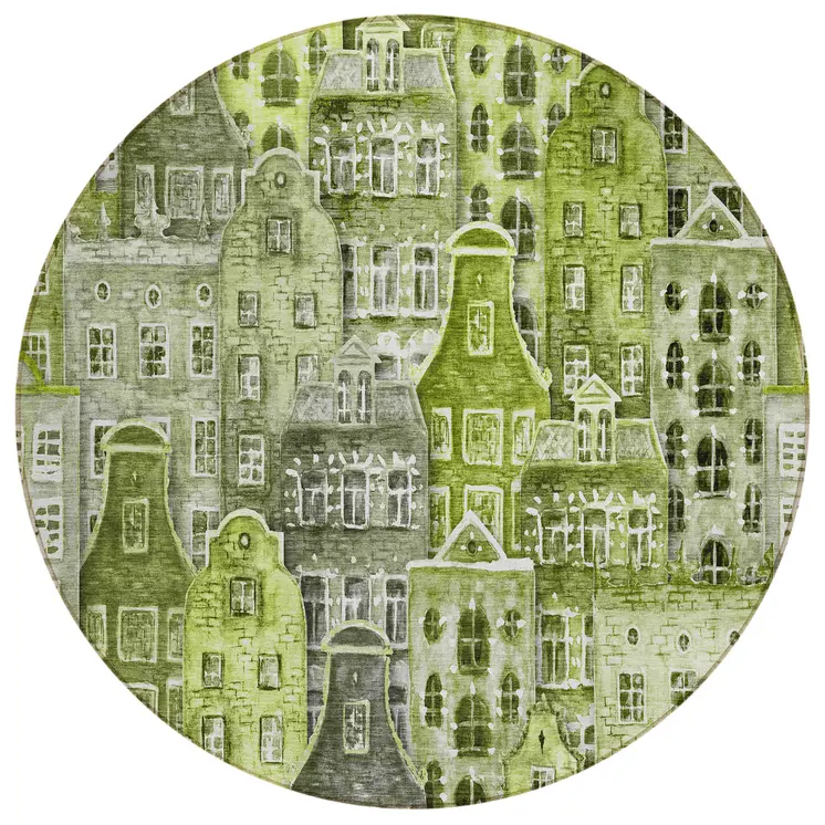 8' Green And Lime Green Round Village Houses Washable Indoor Outdoor Area Rug