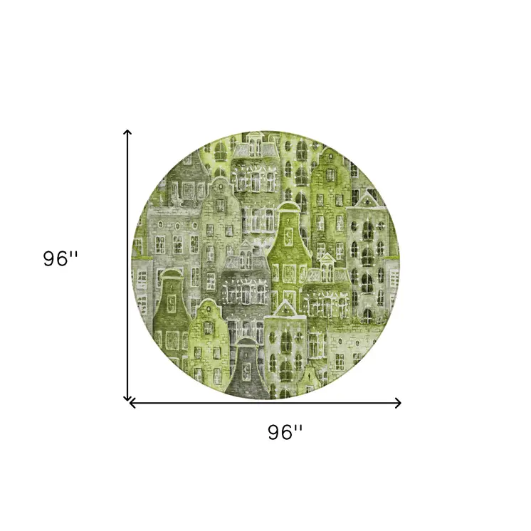 8' Green And Lime Green Round Village Houses Washable Indoor Outdoor Area Rug