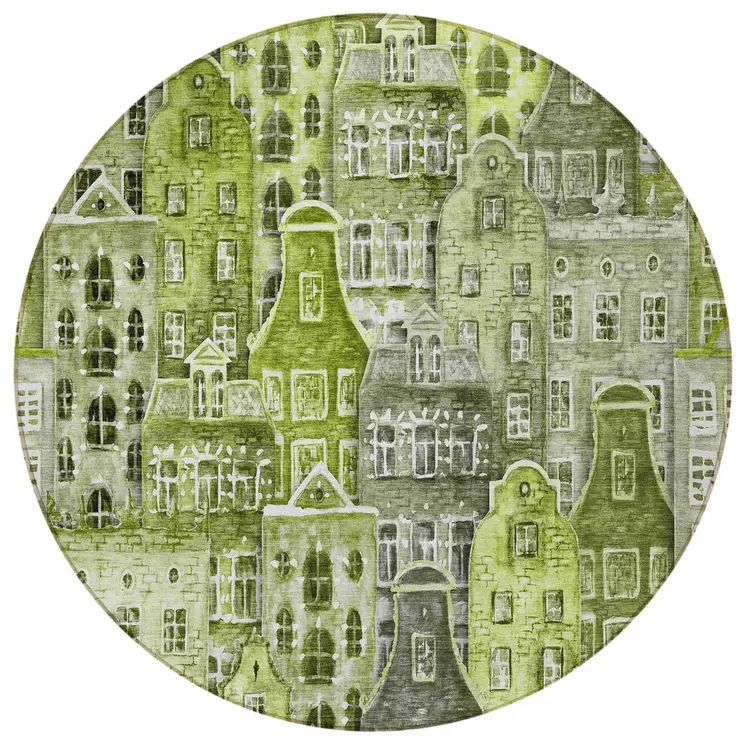 8' Green And Lime Green Round Village Houses Washable Indoor Outdoor Area Rug
