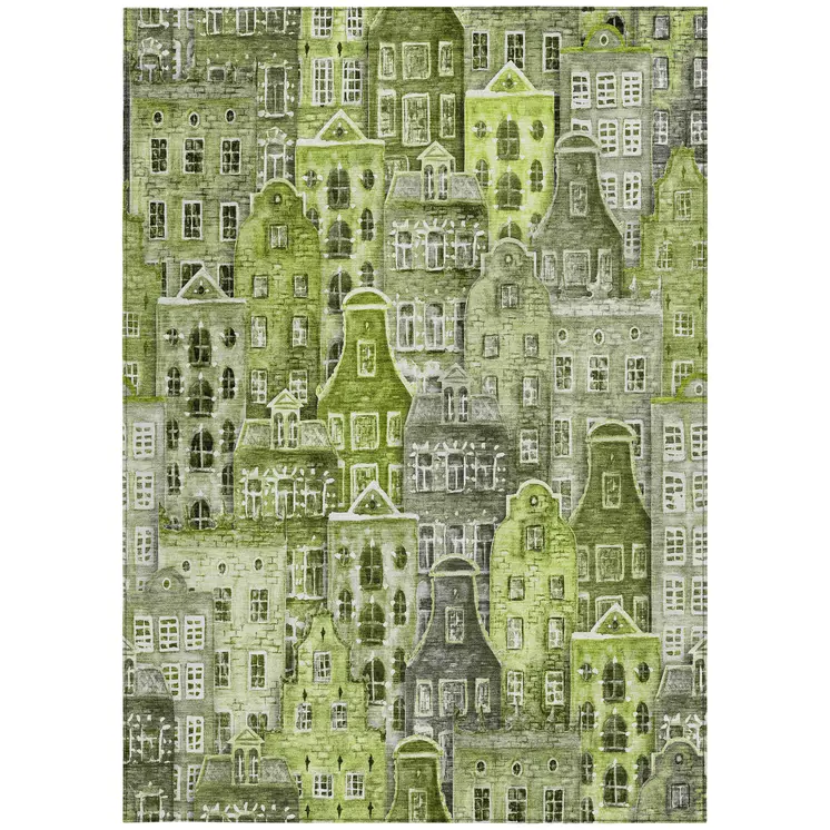 8' X 10' Green And Lime Green Village Houses Washable Indoor Outdoor Area Rug