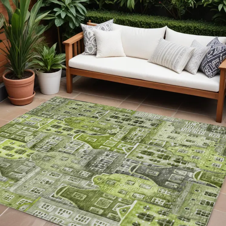 8' X 10' Green And Lime Green Village Houses Washable Indoor Outdoor Area Rug