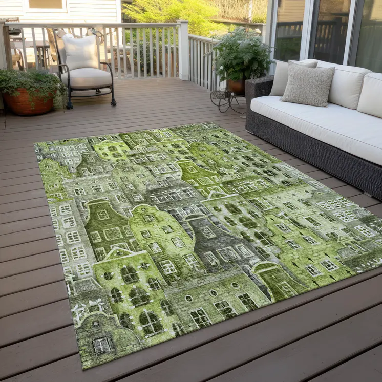 8' X 10' Green And Lime Green Village Houses Washable Indoor Outdoor Area Rug