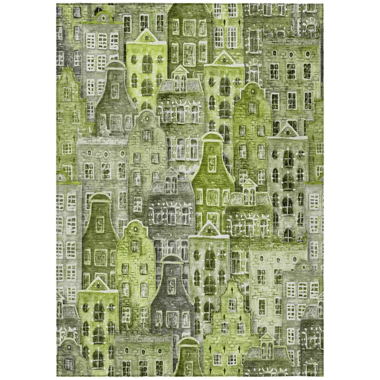8' X 10' Green And Lime Green Village Houses Washable Indoor Outdoor Area Rug