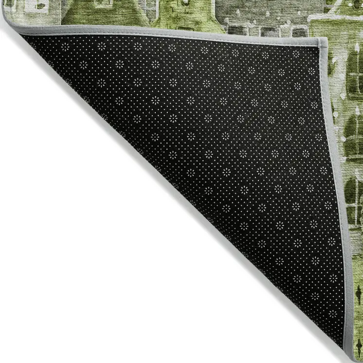 8' X 10' Green And Lime Green Village Houses Washable Indoor Outdoor Area Rug