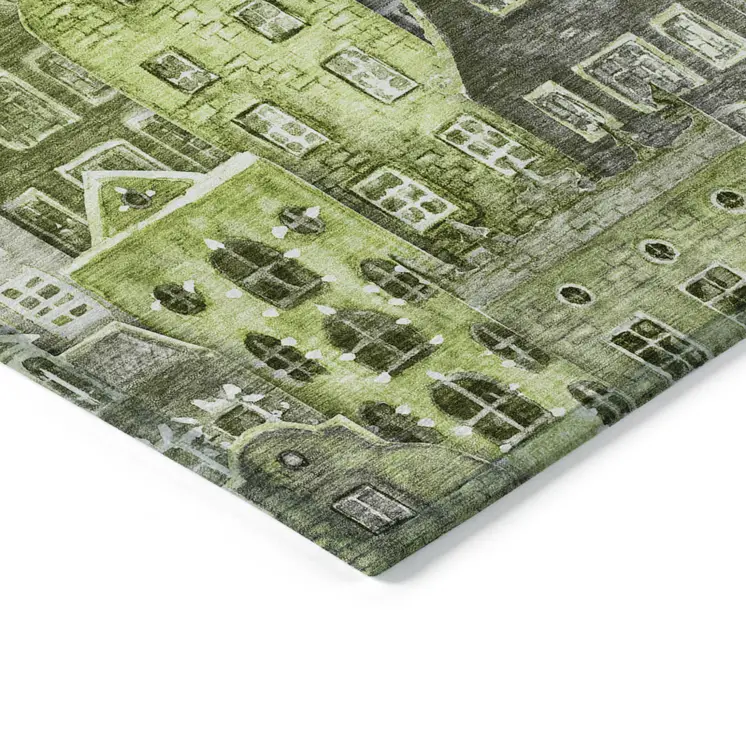 8' X 10' Green And Lime Green Village Houses Washable Indoor Outdoor Area Rug