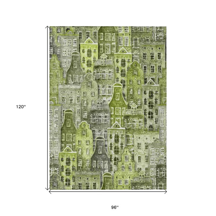 8' X 10' Green And Lime Green Village Houses Washable Indoor Outdoor Area Rug