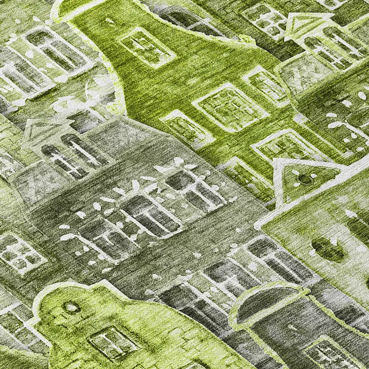 8' X 10' Green And Lime Green Village Houses Washable Indoor Outdoor Area Rug