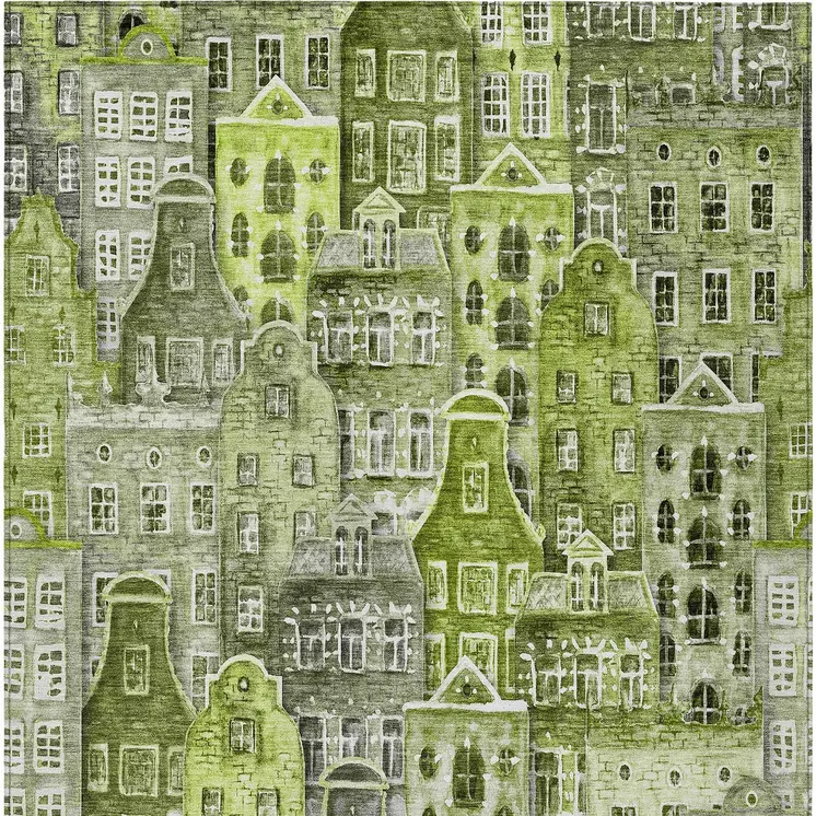 9' X 12' Green And Lime Green Village Houses Washable Indoor Outdoor Area Rug