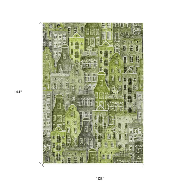 9' X 12' Green And Lime Green Village Houses Washable Indoor Outdoor Area Rug