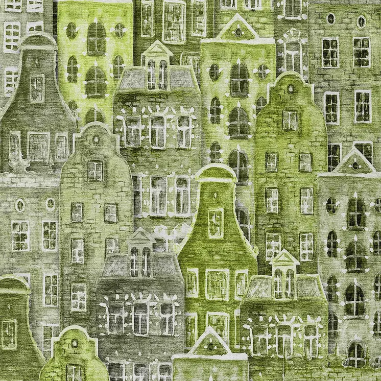 9' X 12' Green And Lime Green Village Houses Washable Indoor Outdoor Area Rug
