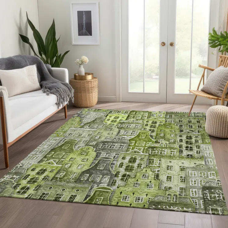 10' X 14' Green And Lime Green Village Houses Washable Indoor Outdoor Area Rug
