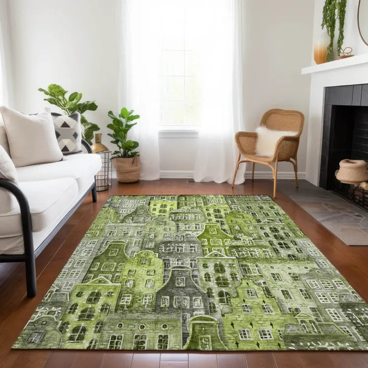 10' X 14' Green And Lime Green Village Houses Washable Indoor Outdoor Area Rug