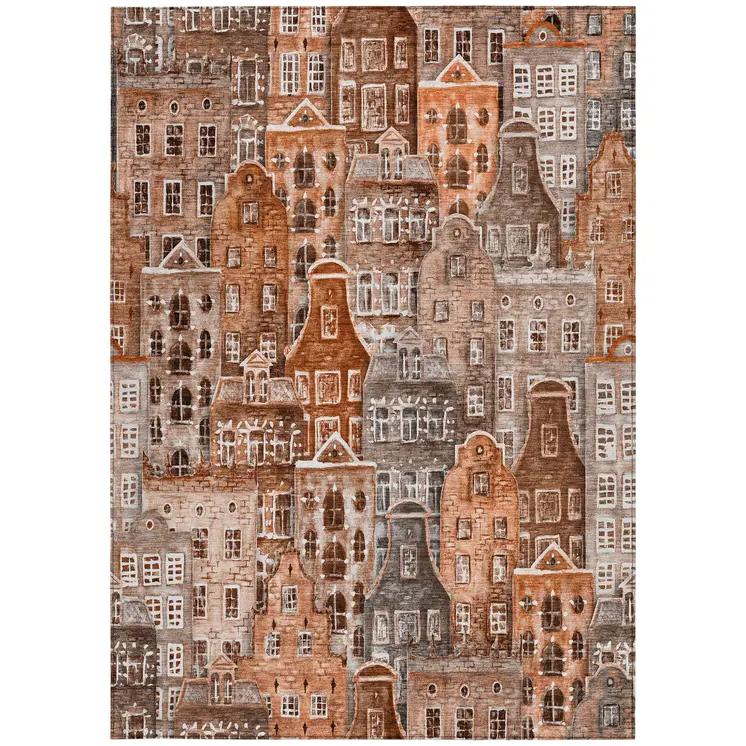 3' X 5' Orange Copper And Salmon Village Houses Washable Indoor Outdoor Area Rug