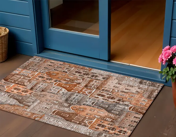 3' X 5' Orange Copper And Salmon Village Houses Washable Indoor Outdoor Area Rug