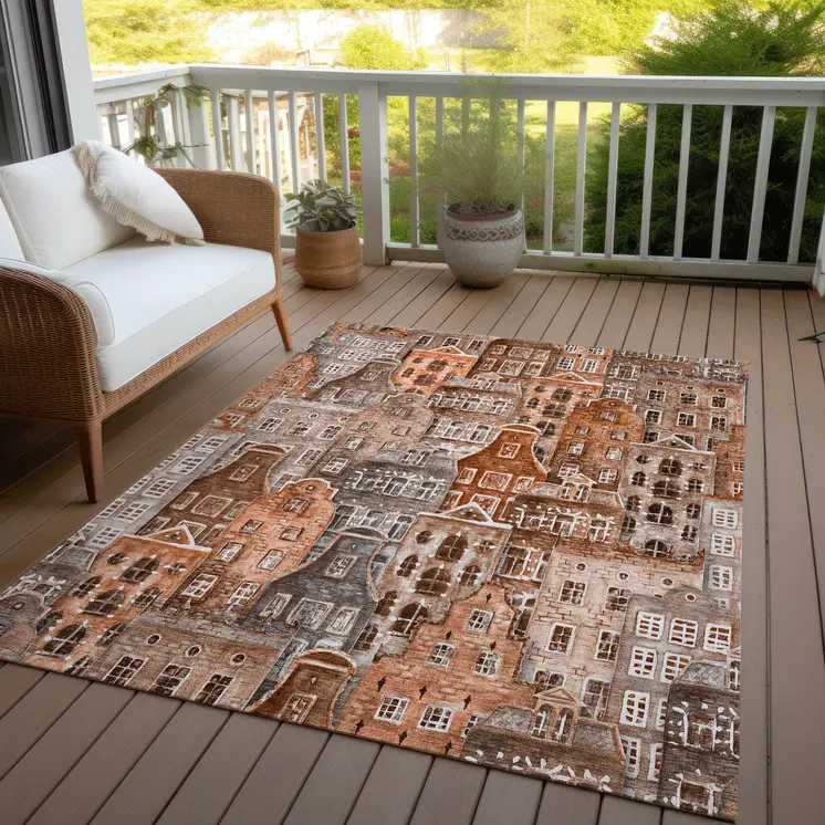 3' X 5' Orange Copper And Salmon Village Houses Washable Indoor Outdoor Area Rug