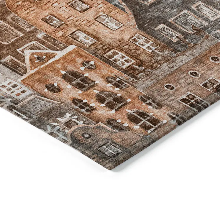 5' X 8' Orange Copper And Salmon Village Houses Washable Indoor Outdoor Area Rug