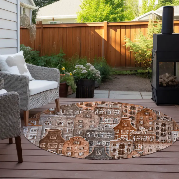 8' Orange Copper And Salmon Round Village Houses Washable Indoor Outdoor Area Rug