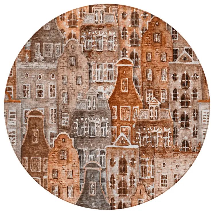 8' Orange Copper And Salmon Round Village Houses Washable Indoor Outdoor Area Rug