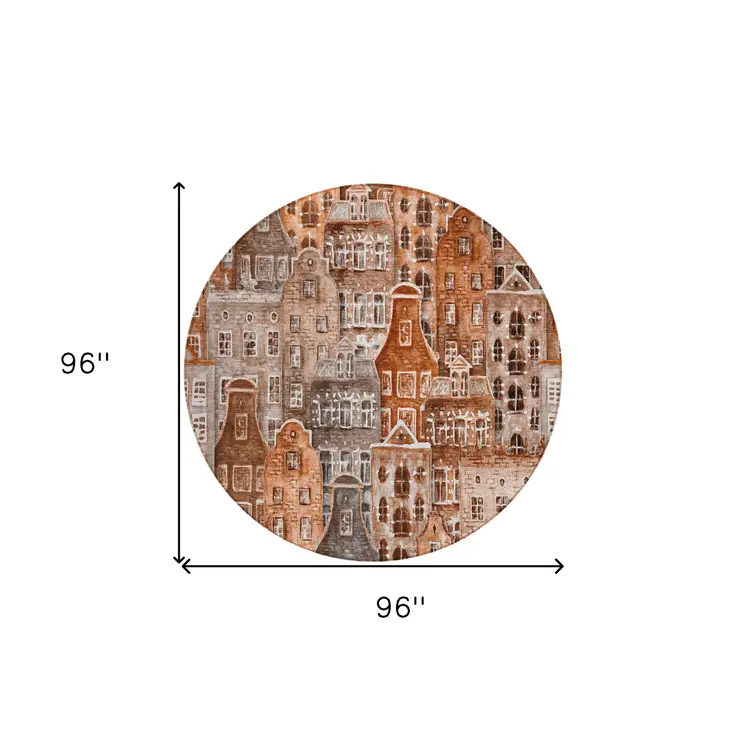 8' Orange Copper And Salmon Round Village Houses Washable Indoor Outdoor Area Rug