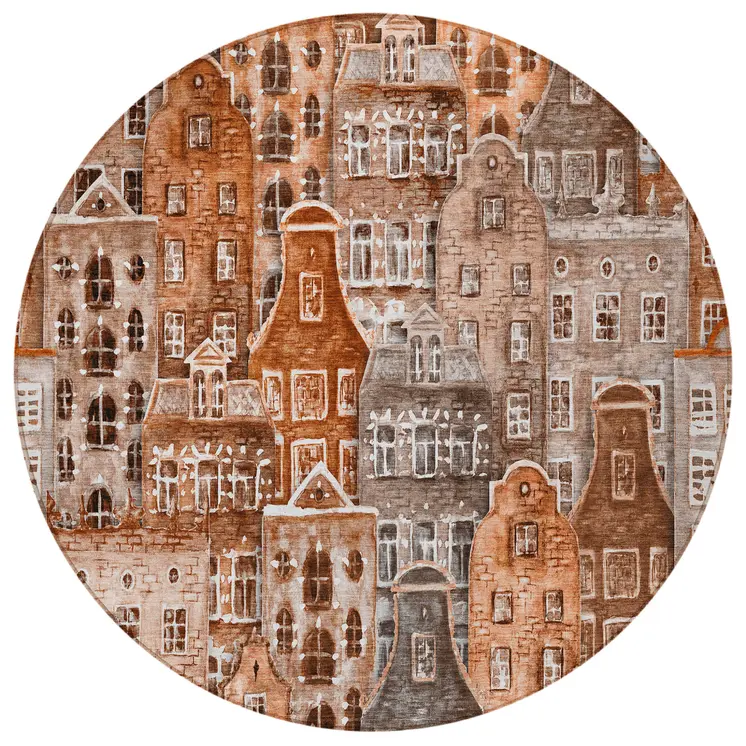 8' Orange Copper And Salmon Round Village Houses Washable Indoor Outdoor Area Rug
