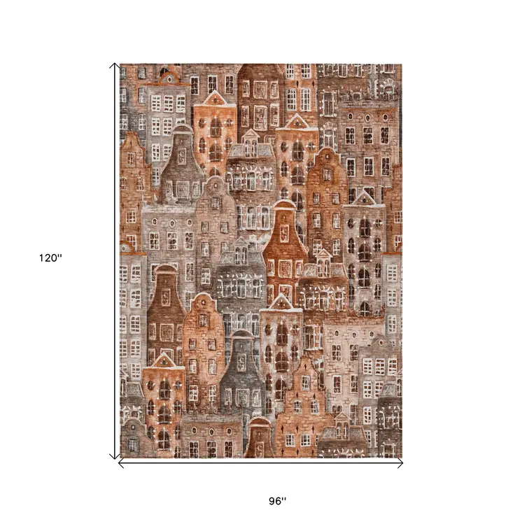 8' X 10' Orange Copper And Salmon Village Houses Washable Indoor Outdoor Area Rug