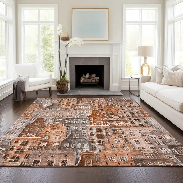 8' X 10' Orange Copper And Salmon Village Houses Washable Indoor Outdoor Area Rug