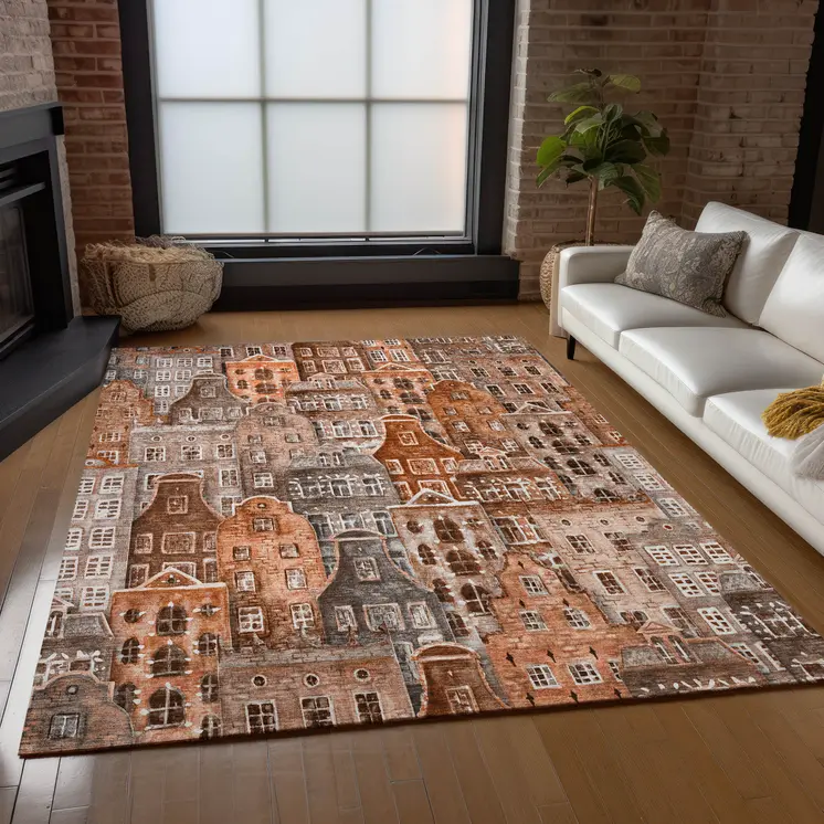 8' X 10' Orange Copper And Salmon Village Houses Washable Indoor Outdoor Area Rug