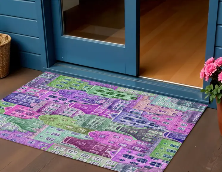 3' X 5' Purple Lilac And Green Village Houses Washable Indoor Outdoor Area Rug