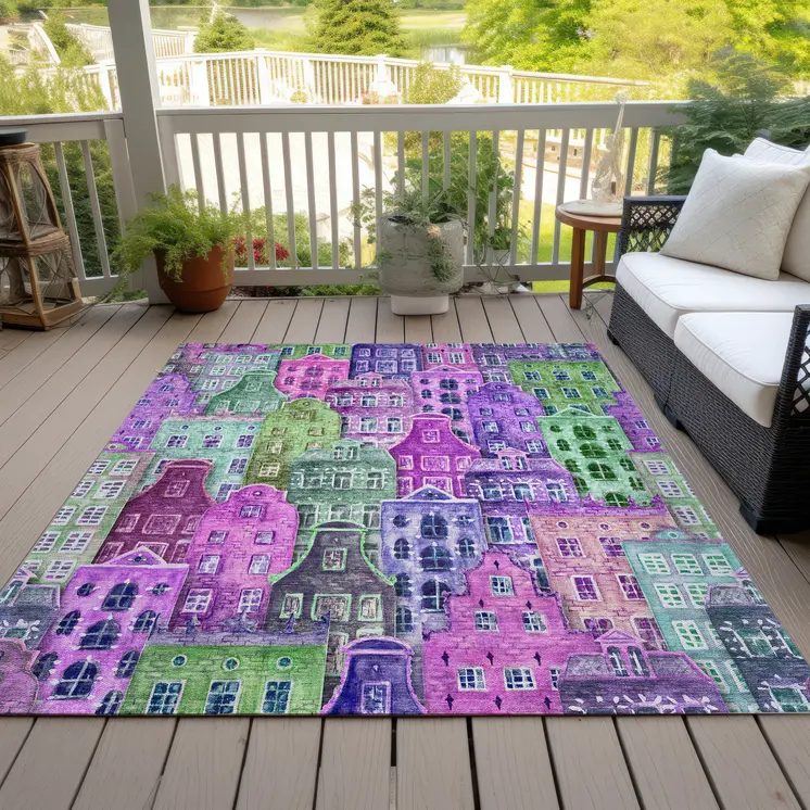 3' X 5' Purple Lilac And Green Village Houses Washable Indoor Outdoor Area Rug