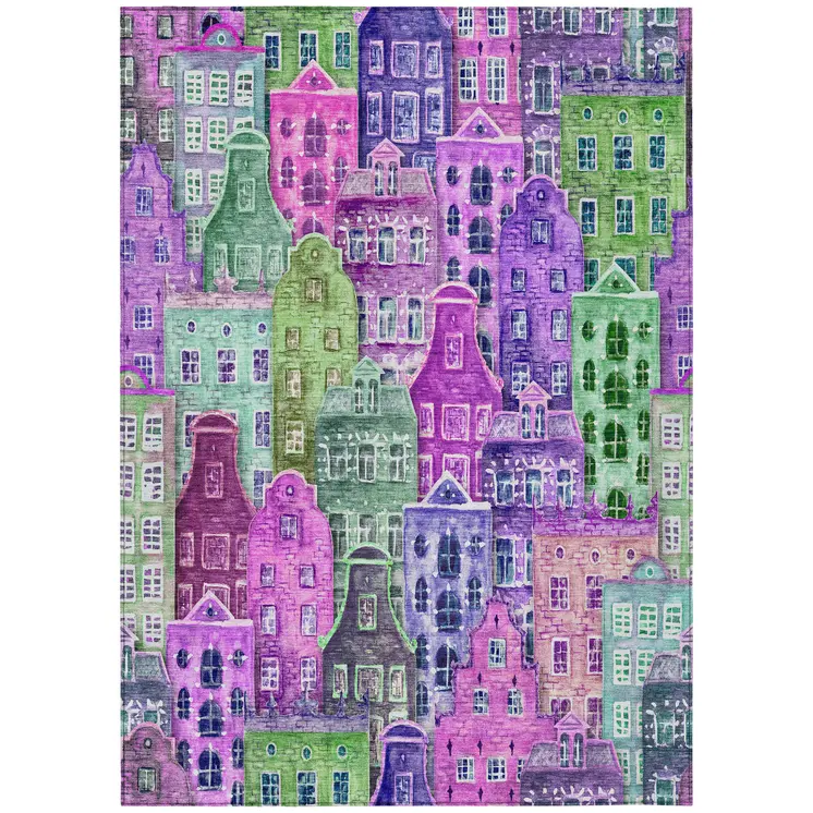 3' X 5' Purple Lilac And Green Village Houses Washable Indoor Outdoor Area Rug
