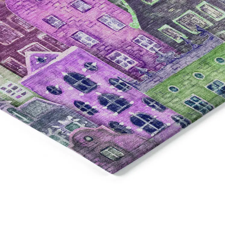 3' X 5' Purple Lilac And Green Village Houses Washable Indoor Outdoor Area Rug