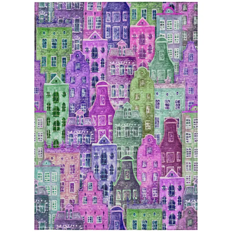 3' X 5' Purple Lilac And Green Village Houses Washable Indoor Outdoor Area Rug