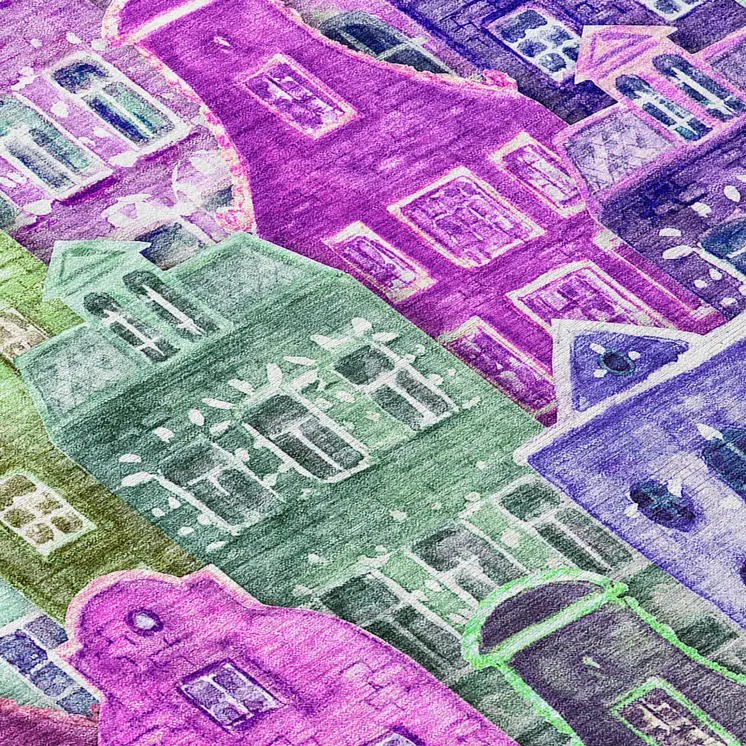 3' X 5' Purple Lilac And Green Village Houses Washable Indoor Outdoor Area Rug