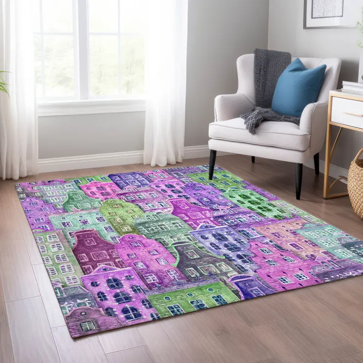 3' X 5' Purple Lilac And Green Village Houses Washable Indoor Outdoor Area Rug