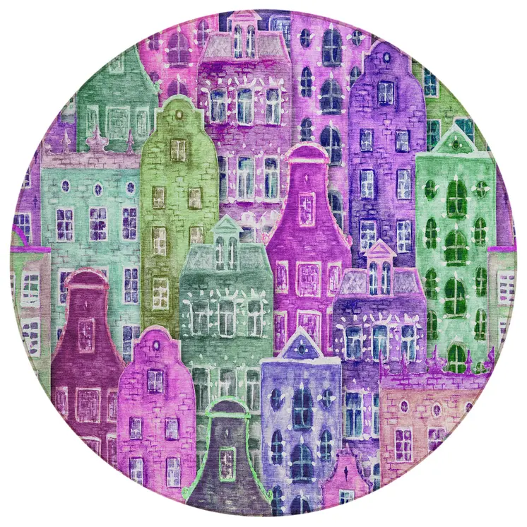 8' Purple Lilac And Green Round Village Houses Washable Indoor Outdoor Area Rug
