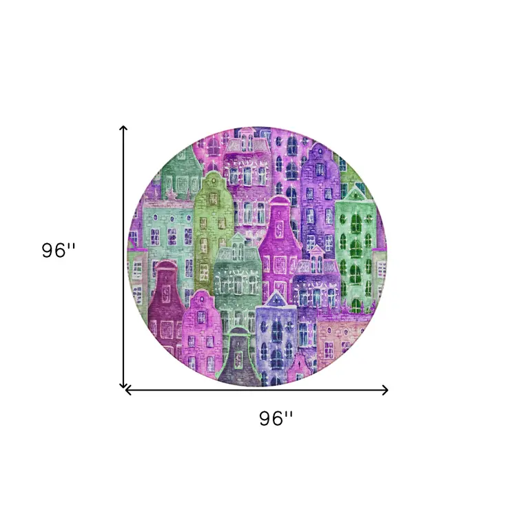 8' Purple Lilac And Green Round Village Houses Washable Indoor Outdoor Area Rug