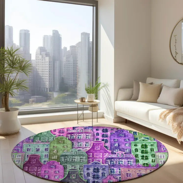 8' Purple Lilac And Green Round Village Houses Washable Indoor Outdoor Area Rug