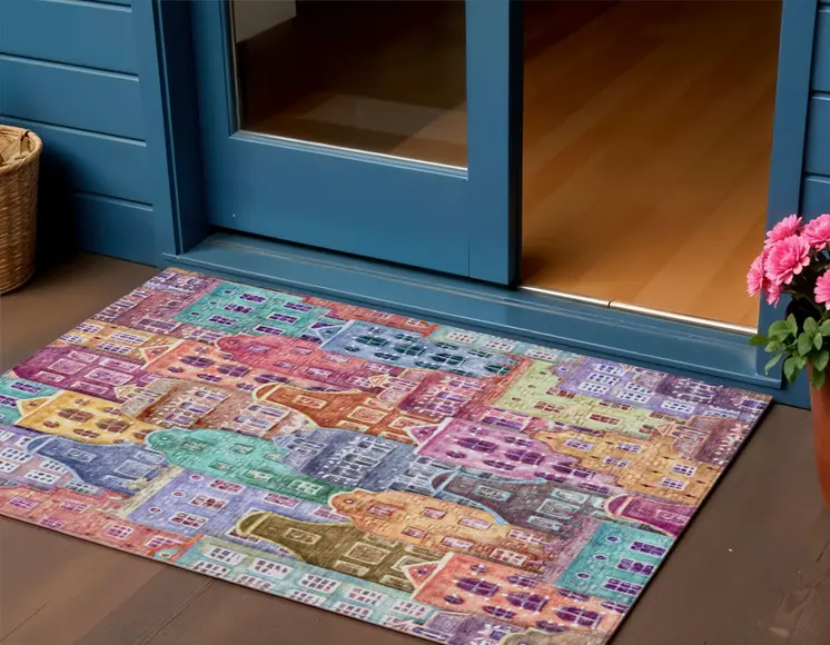 3' X 5' Red Gold And Teal Blue Village Houses Washable Indoor Outdoor Area Rug