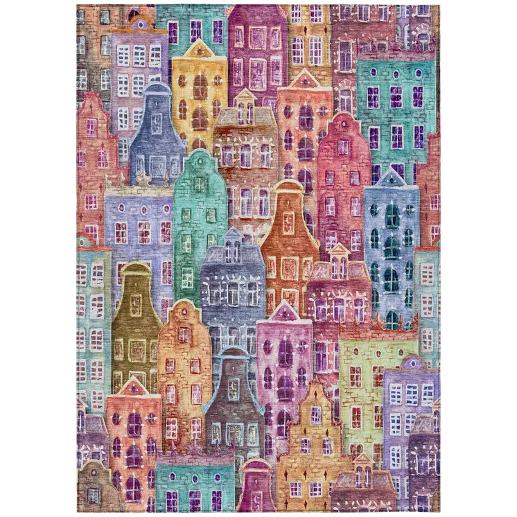 3' X 5' Red Gold And Teal Blue Village Houses Washable Indoor Outdoor Area Rug