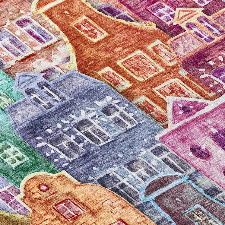 3' X 5' Red Gold And Teal Blue Village Houses Washable Indoor Outdoor Area Rug