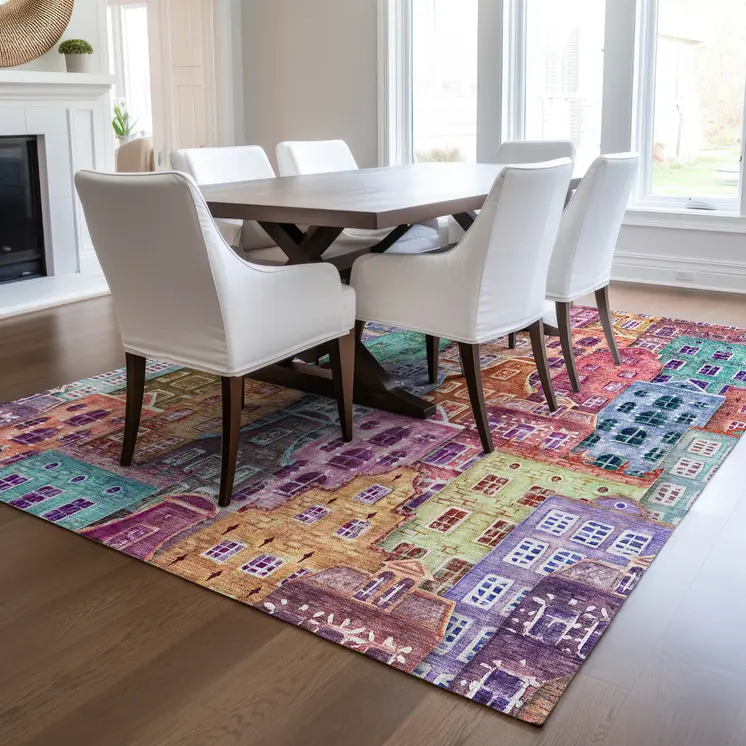5' X 8' Red Gold And Teal Blue Village Houses Washable Indoor Outdoor Area Rug