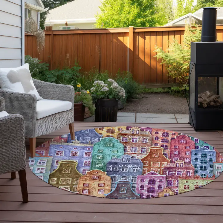 8' Red Gold And Teal Blue Round Village Houses Washable Indoor Outdoor Area Rug