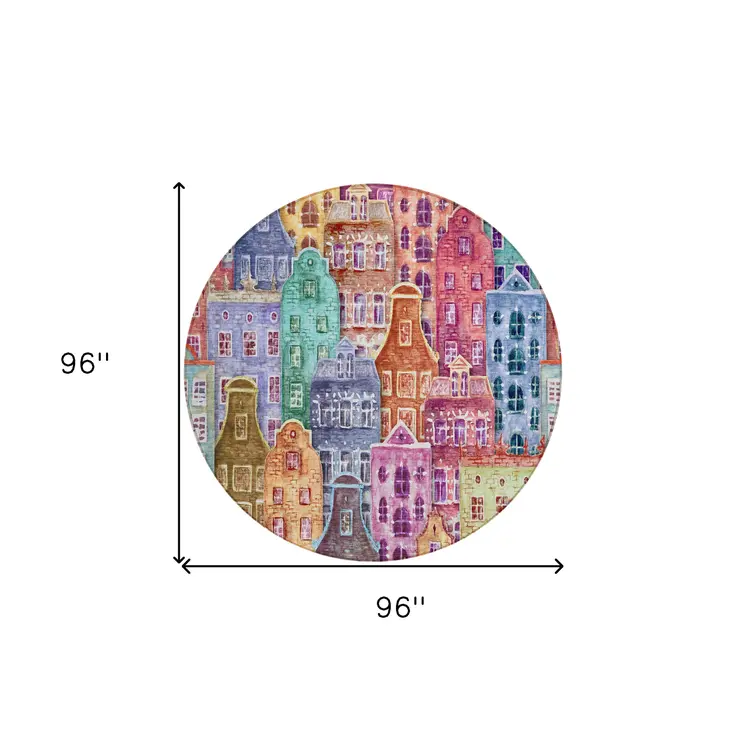 8' Red Gold And Teal Blue Round Village Houses Washable Indoor Outdoor Area Rug