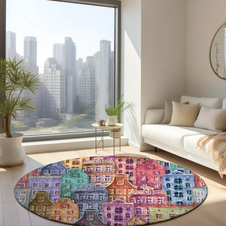 8' Red Gold And Teal Blue Round Village Houses Washable Indoor Outdoor Area Rug