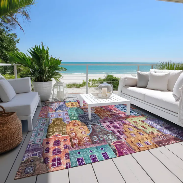 8' X 10' Red Gold And Teal Blue Village Houses Washable Indoor Outdoor Area Rug